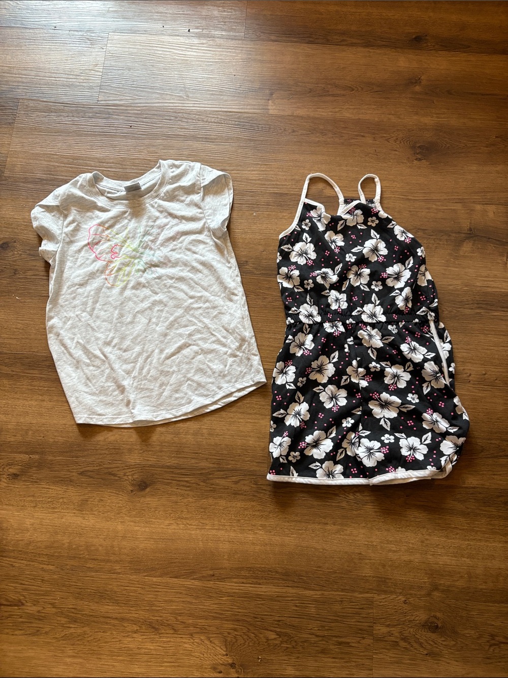 Girls White Graphic Tee & Black Floral romper Set - Kids Shirts & Tops